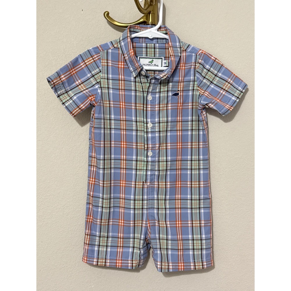 Properly Tied Woven Onepiece Baby Boy 12M Blue Orange Plaid Bamboo Romper Duck